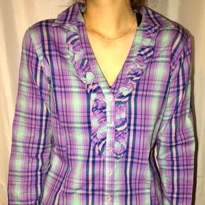 Purple v neck ruffled button up